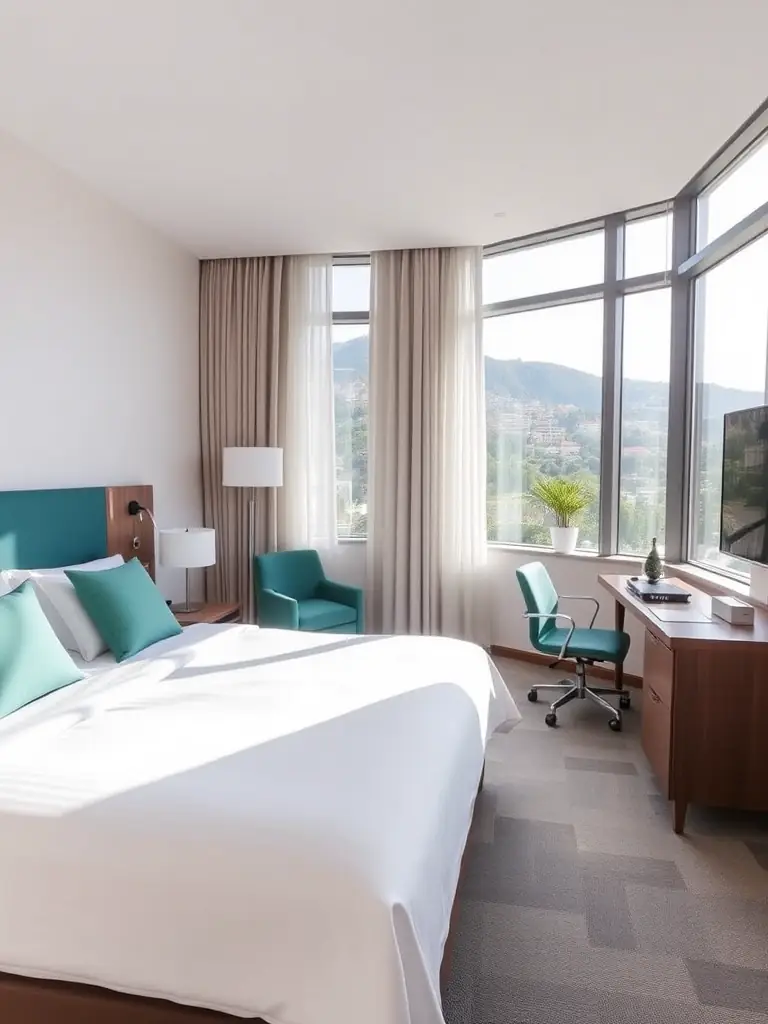 A modern, comfortable hotel room in Albania, showcasing the accommodation provided to New Smile's dental tourism patients.