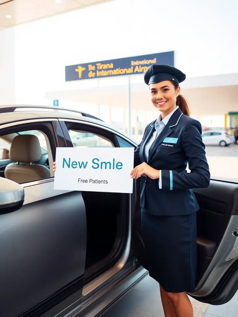 A modern car arriving at Tirana International Airport, with a New Smile representative holding a sign with the patient's name, showcasing the free airport pickup service.