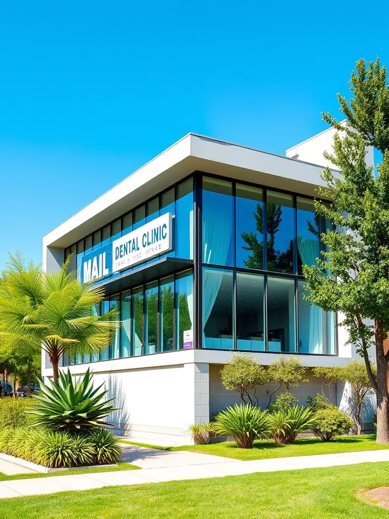 Exterior view of Mail Dental Clinic, showcasing its modern architecture and convenient location in Albania.