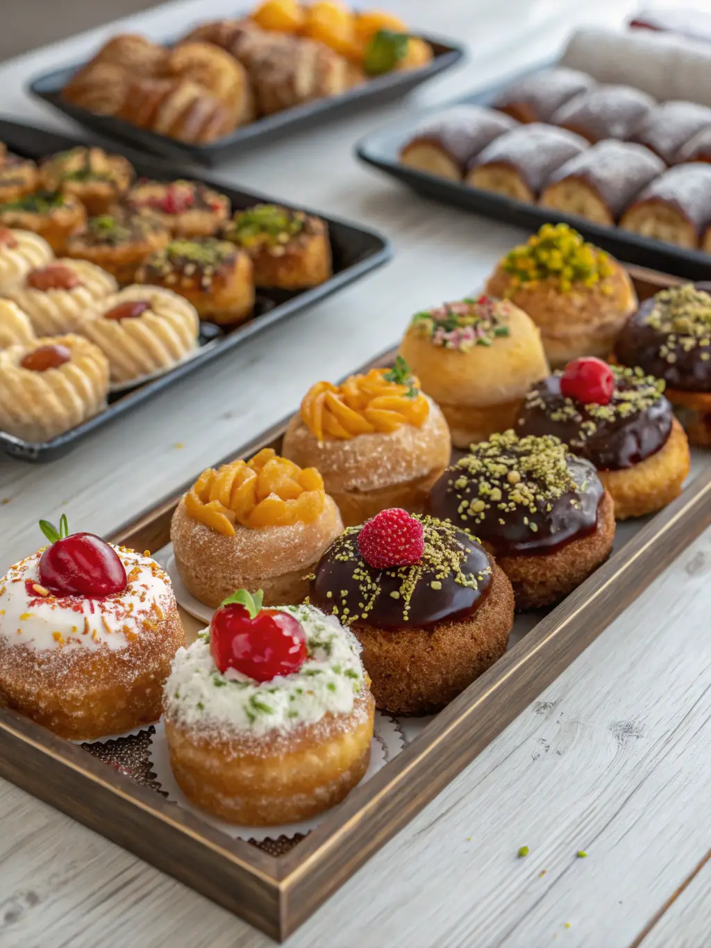 A beautifully arranged breakfast spread at the hotel, featuring fresh fruits, pastries, and local Albanian delicacies.