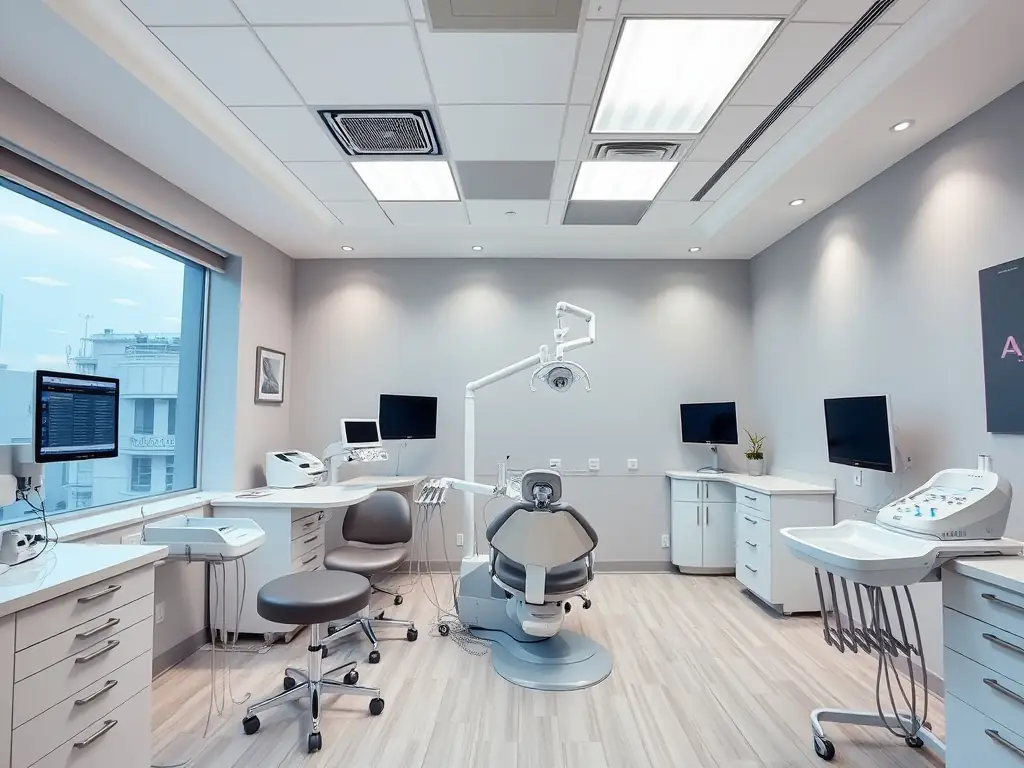 A modern dental clinic room at Mail Dental Clinic, equipped with advanced technology and comfortable patient seating.