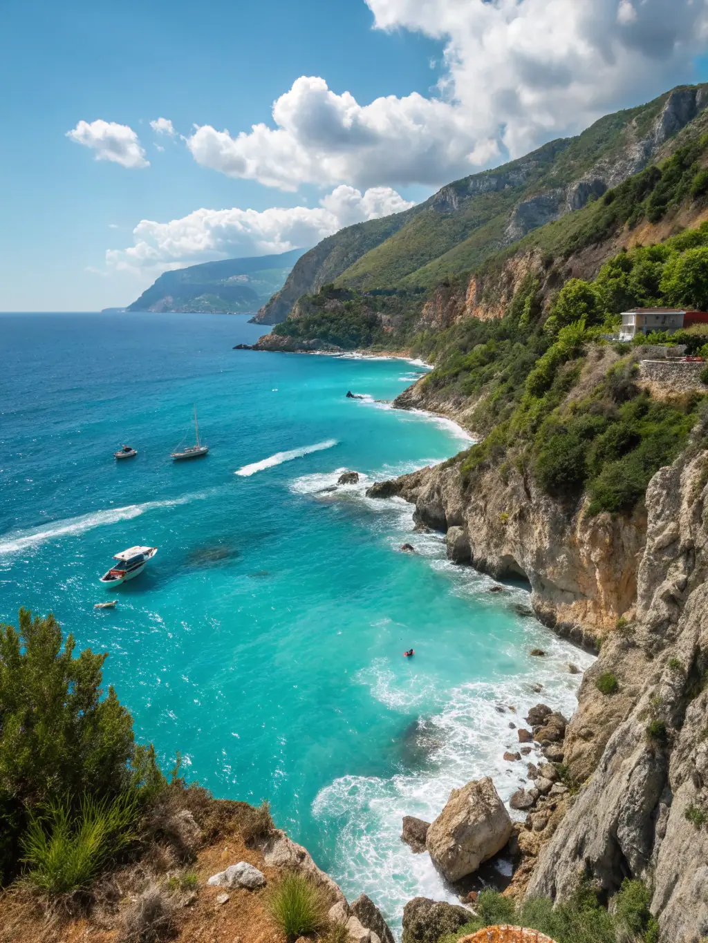 A scenic view of the Albanian Riviera, showcasing the beach and tourist attractions near the Mail Dental Clinic.